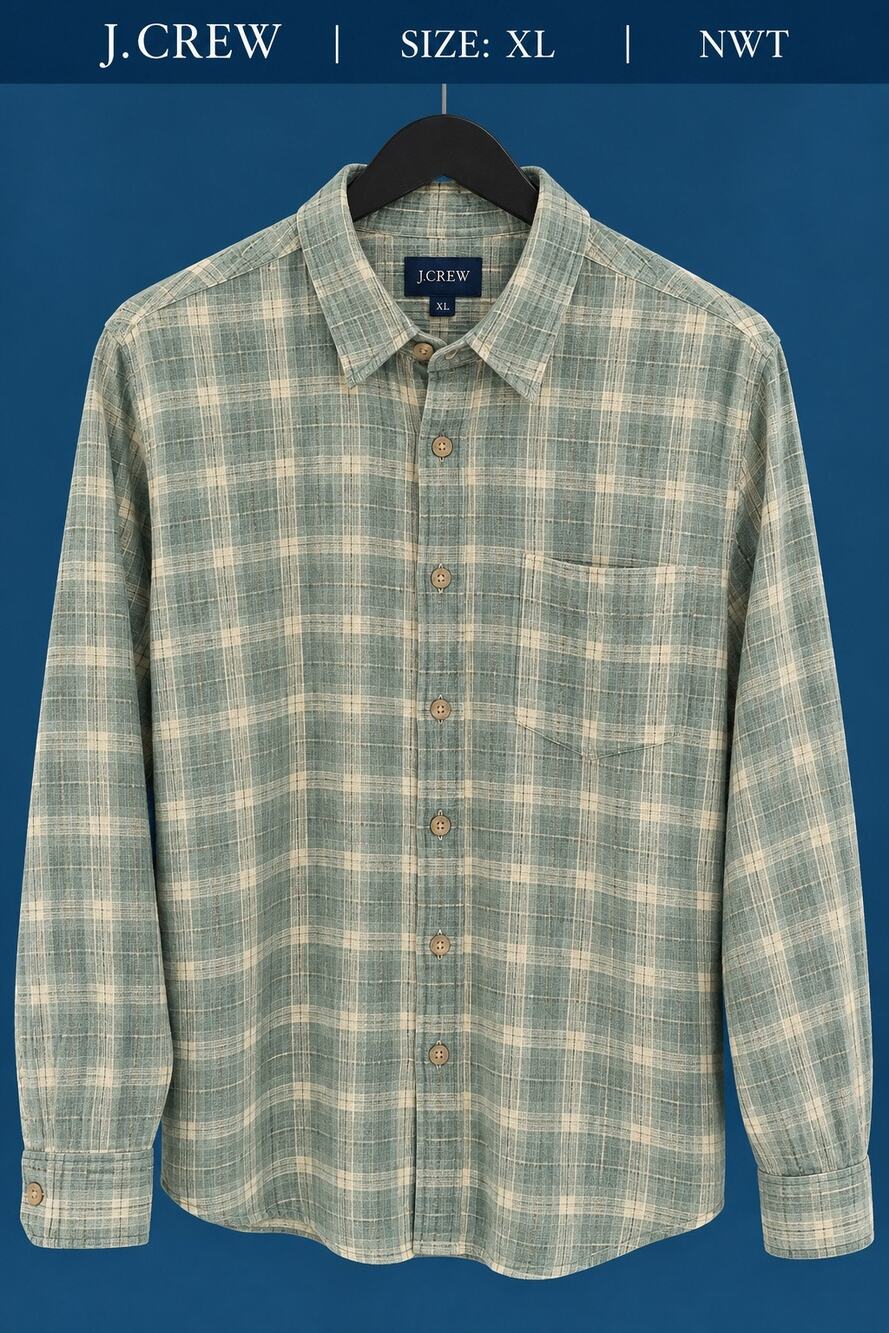 J.Crew Factory Mens XL Green Plaid Waffle Shirt 100% Cotton NWT Textured